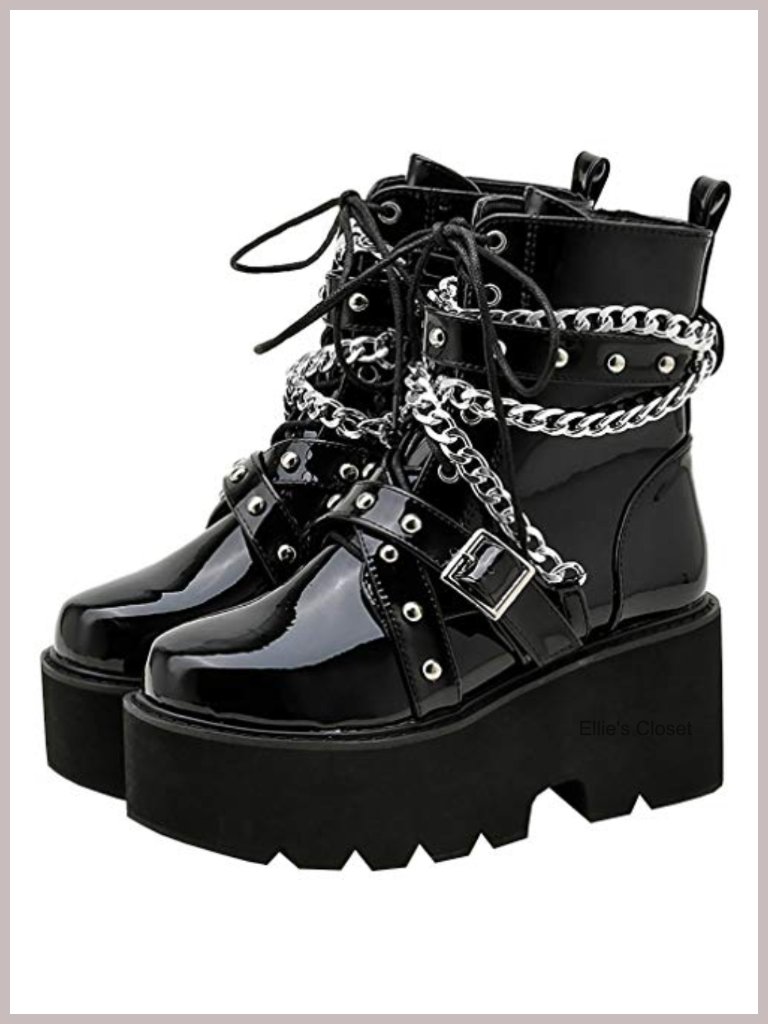 Patent Leather Ankle Combat Boots Chunky Platform High Heel Lace Up Punk Booties